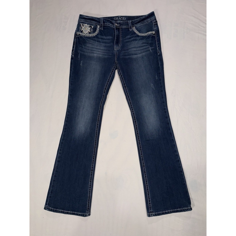 Grace in LA Jeans Women's 34 Embroidery Easy Fit Boot Cut Blue Denim